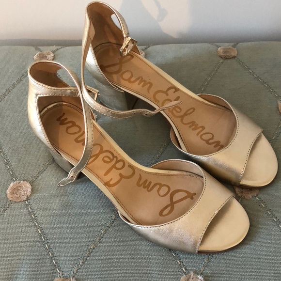 gold block heels closed toe